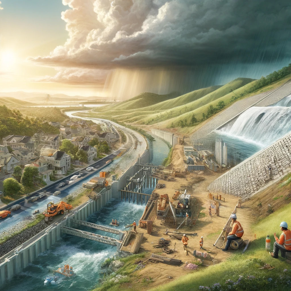 immagine di un paesaggio generato dall’Intelligenza Artificiale con opere di interventi per la difesa dal dissesto idrogeologico. A sinistra un agglomerato di abitazioni, centralmente un corso d’acqua fiancheggiato da una strada, cantieri e operai, a destra e sullo sfondo colline e opere idrauliche.