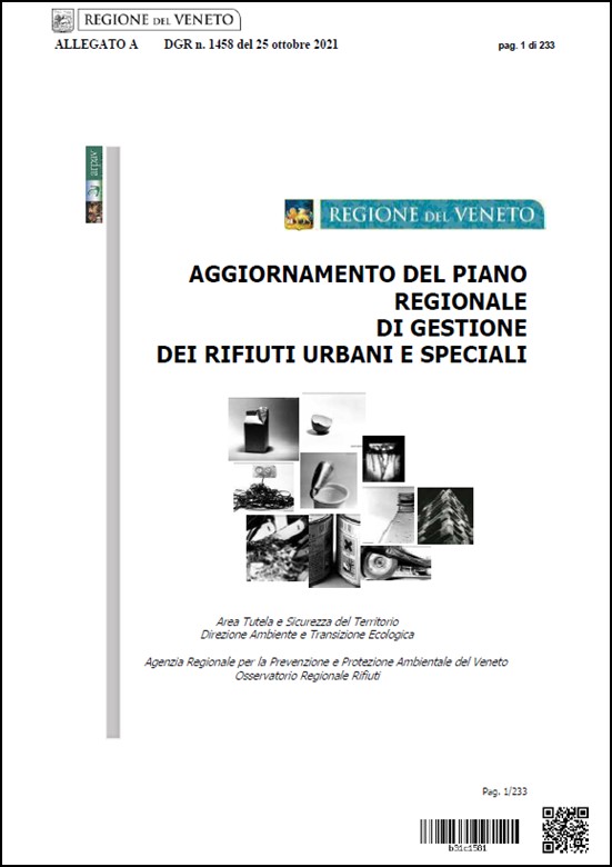 Copertina allegato A DGR n. 1458 del 25 ottobre 2021 dell'aggiornamento del Piano Regionale di gestione dei Rifiuti urbani e speciali