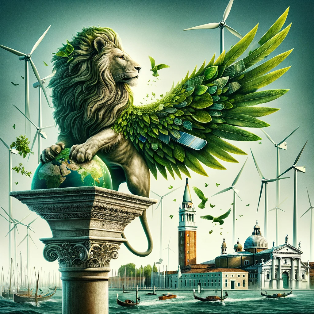 Immagine generata dall’Intelligenza Artificiale che rappresenta “Venezia Capitale Mondiale della Sostenibilità.  Vi è il simbolo del leone alato di San Marco sulla colonna in marmo che prende vita con le zampe sopra un mappamondo e le ali fatte da foglie, sullo sfondo l’Abbazia di San Giorgio Maggiore